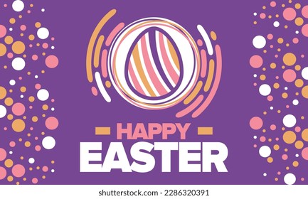 Happy Easter in April. Christian spring holiday in honor of the resurrection of Christ. Biblical history. Traditional dyeing eggs with patterns, fun game for children searching for easter eggs. Vector