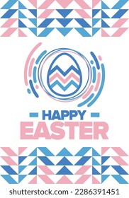 Happy Easter in April. Christian spring holiday in honor of the resurrection of Christ. Biblical history. Traditional dyeing eggs with patterns, fun game for children searching for easter eggs. Vector