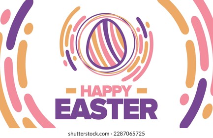 Happy Easter in April. Christian spring holiday in honor of the resurrection of Christ. Biblical history. Traditional dyeing eggs with patterns, fun game for children searching for easter eggs. Vector