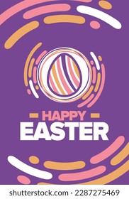 Happy Easter in April. Christian spring holiday in honor of the resurrection of Christ. Biblical history. Traditional dyeing eggs with patterns, fun game for children searching for easter eggs. Vector