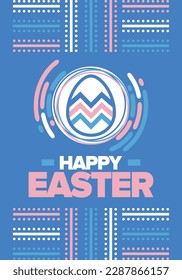 Happy Easter in April. Christian spring holiday in honor of the resurrection of Christ. Biblical history. Traditional dyeing eggs with patterns, fun game for children searching for easter eggs. Vector