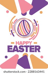 Happy Easter in April. Christian spring holiday in honor of the resurrection of Christ. Biblical history. Traditional dyeing eggs with patterns, fun game for children searching for easter eggs. Vector