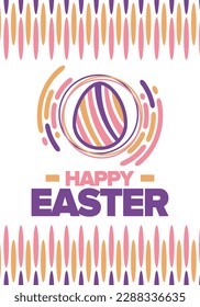 Happy Easter in April. Christian spring holiday in honor of the resurrection of Christ. Biblical history. Traditional dyeing eggs with patterns, fun game for children searching for easter eggs. Vector