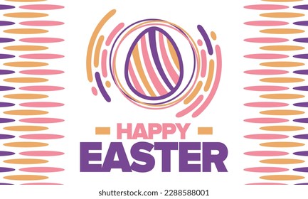 Happy Easter in April. Christian spring holiday in honor of the resurrection of Christ. Biblical history. Traditional dyeing eggs with patterns, fun game for children searching for easter eggs. Vector