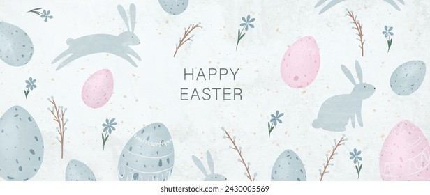 Happy Easter. Art background with a spring pattern of flowers, bunnies, and Easter eggs in pastel colors for the design of a print, banner, cover.