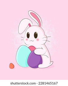 Happy Easter art with cute easter bunny and eggs.