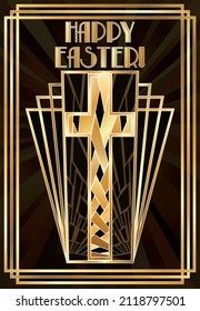 Happy Easter art deco tarjeta de saludo con cruz católica dorada , ilustración vectorial
