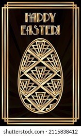 Happy Easter art deco invitation card with gold pattern, vector illustration