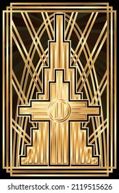 Happy Easter art deco invitation card with catholic golden  cross , vector illustration