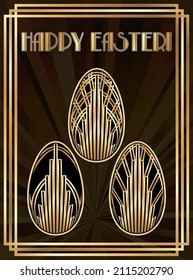 Happy Easter art deco postcard with golden pattern, vector illustration