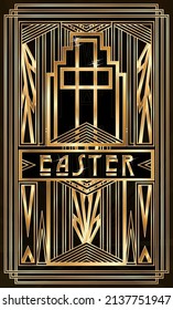 Happy Easter art deco vip card with catholic cross , vector illustration	