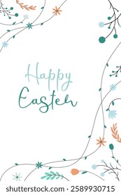 Happy Easter. Artistic Easter egg with blooming flowers and leaves. Elegant holiday greeting card, poster, banner. Vector illustration