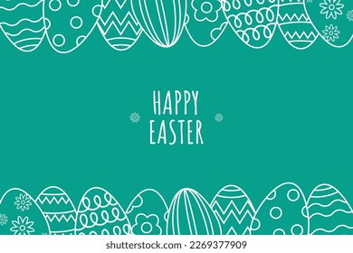 Happy Easter Backgorund in Line art style with typography, eggs, and flowers. Good for greeting card, banner, poster, flyer, and web.