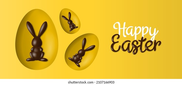 happy easter background with 3d chocolate bunny figures on yellow background vector illustration