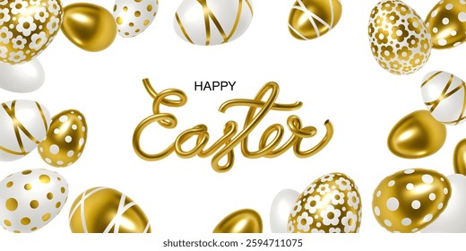 Happy Easter background with 3D golden eggs, polka dots, stripes, floral patterns, gold calligraphy on white. Festive template for greeting cards, banners, invitations, seasonal designs, holiday ads