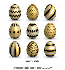 Happy Easter background with 9 realistic golden shine decorated eggs set. Vector illustration collection. Perfect for holiday greeting card, ad, promotion, poster, flyer, web-banner, article, sale