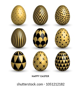 Happy Easter background with 9 realistic golden shine decorated eggs set. Vector illustration collection. Perfect for holiday greeting card, ad, promotion, poster, flyer, web-banner, article, sale