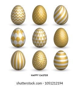 Happy Easter background with 9 realistic golden shine decorated eggs set. Vector illustration collection. Perfect for holiday greeting card, ad, promotion, poster, flyer, web-banner, article, sale