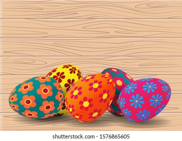 Happy Easter background, banner, frame, header, greeting card design. Colored 3d eggs on wood background. Vector Illustration