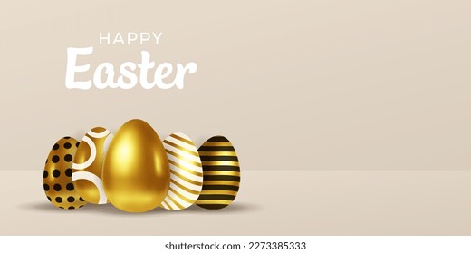 happy easter background banner illustration with 3d eggs and copy space