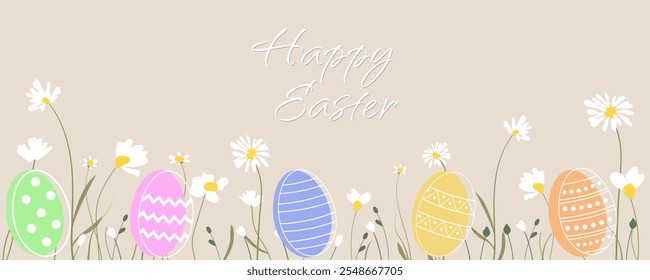 Happy Easter background, banner, poster, greeting card. Fashionable Easter design with flowers and eggs in pastel colors. Easter vector illustration in minimalistic style.