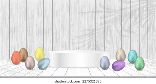 Happy Easter Background Banner Studio Room Table Top,Product Display with Copy Space.Traditional Easter Eggs with 3d Podium on White Wood Texture floor,Concept for Promotion on Easter Day