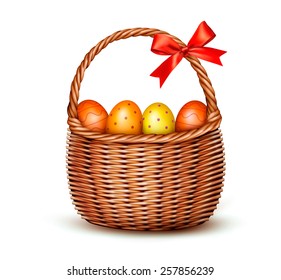 Happy Easter Background. Basket with Easter eggs and a red bow. Vector.