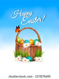 Happy Easter background. Basket with eggs and a butterfly against a blue sky. Vector.