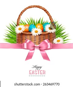 Felices antecedentes de Pascua. Cesta con huevos, margaritas, hierba y una mariposa. Vector.