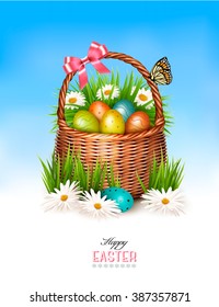 Happy Easter background. Basket with eggs and a butterfly against a blue sky. Vector.