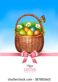 Happy Easter background. Basket with eggs and a butterfly against a blue sky. Vector.