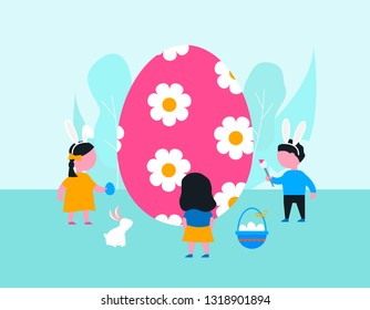 Happy Easter background with big egg and little children. Kids painting and having fun during holiday concept. Template. 