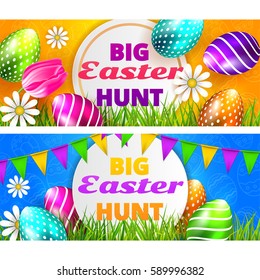 Happy Easter background. Happy Easter big hunt banner with Colorful Eggs. Vector illustration