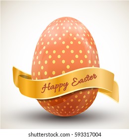 Happy easter background with big orange polka dot egg and ribbon realistic vector illustration