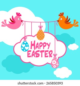 Happy Easter background with birds and hanging easter eggs and cloud shaped frame