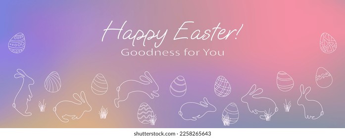 Happy Easter background with blurred gradient. Abstract minimalist backdrop. White Easter eggs and bunnies silhouettes. Poster, banner template. Vector illustration
