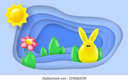 Felices Antecedentes de Pascua. Conejo de Pascua 3D amarillo brillante y hierba verde en el estilo de papel cortado