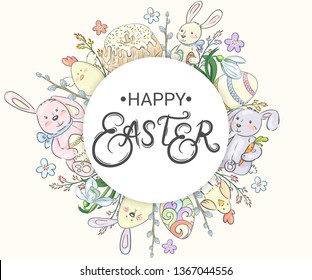 Happy Easter. Background with bunnies, cakes, eggs and flowers