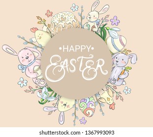 Happy Easter. Background with bunnies, cakes, eggs and flowers