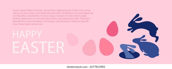 Happy Easter background with bunnies and eggs. Sitting, jumping rabbits silhouettes. Easter egg hunt concept. Modern minimal backdrop with copy space Vector illustration