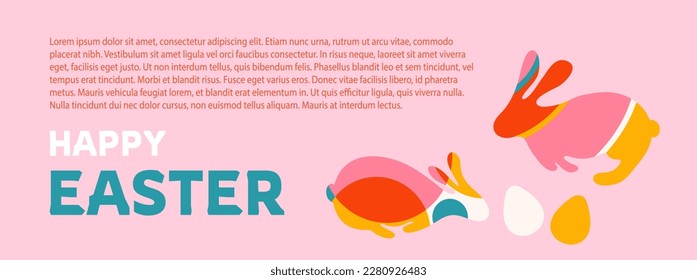 Happy Easter background with bunnies and eggs. Sitting rabbits decorated with geometric patterns and simple eggs. Modern minimal backdrop with copy space Vector illustration