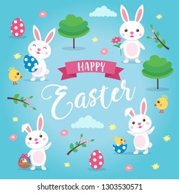 Happy Easter background with easter bunnies, lettering, trees, clouds and spring decorative elements. Cute cartoon vector illustration