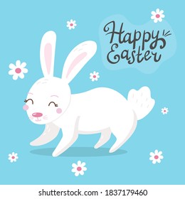 Happy Easter background with easter bunnies, lettering, and spring decorative elements. Cute cartoon design template