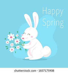 Happy Easter background with easter bunnies and spring decorative elements. Cute cartoon design template