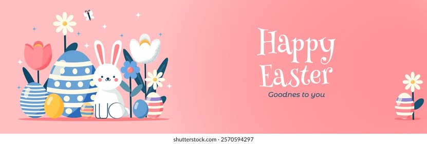 Happy Easter background with Easter bunny and Easter eggs and flowers. In gentle colors. Banner, poster, greeting card. Easter vector illustration in flat style.