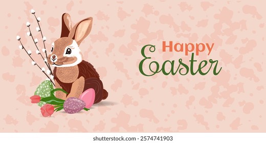 Happy Easter background with Easter bunny and Easter eggs and flowers, with pussy willow branches. In gentle colors. Banner, poster, greeting card. Easter vector illustration in flat style