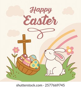 Happy Easter background with Easter bunny and Easter eggs and flowers, with pussy willow branches. In gentle colors. Banner, poster, greeting card. Easter vector illustration in flat style