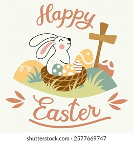 Happy Easter background with Easter bunny and Easter eggs and flowers, with pussy willow branches. In gentle colors. Banner, poster, greeting card. Easter vector illustration in flat style