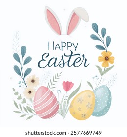 Happy Easter background with Easter bunny and Easter eggs and flowers, with pussy willow branches. In gentle colors. Banner, poster, greeting card. Easter vector illustration in flat style