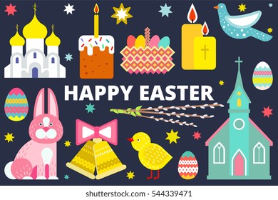 Happy Easter background with Easter bunny, eggs, candles, basket, cake, orthodox and catholic church - isolated elements for your design, for card, flyer, placard, label, banner. Vector illustration